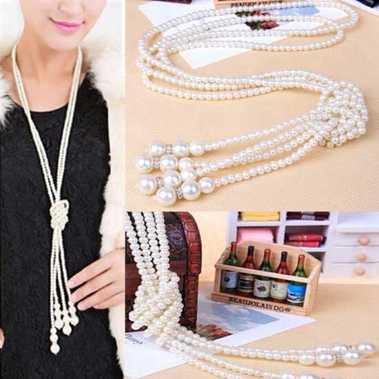 Artificial Pearl Beaded Double Layer Knotted Necklace Long Section Sweater Chain