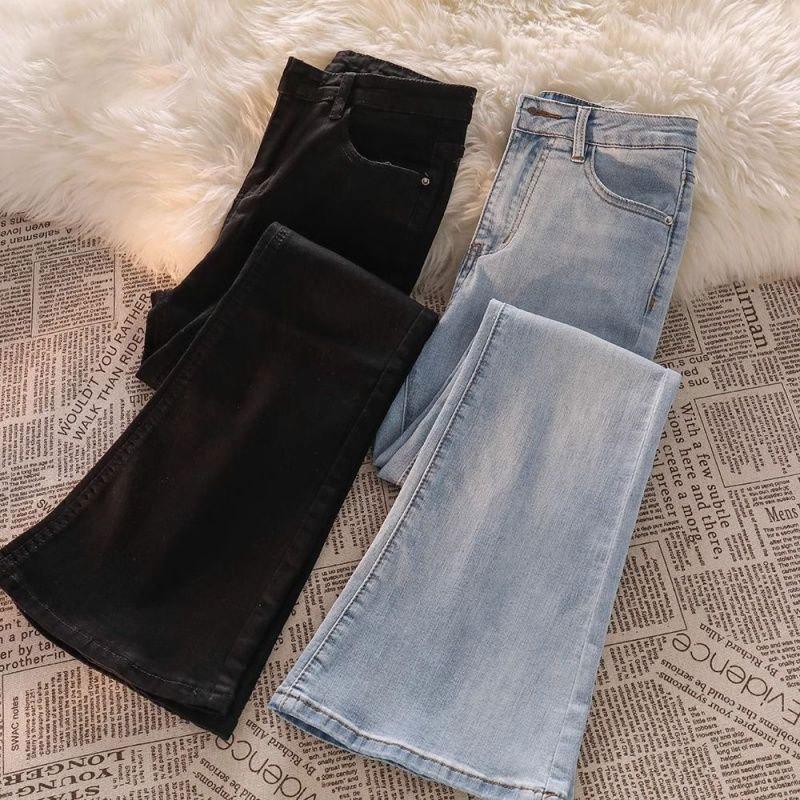 Light-colored denim micro-pull trousers women's autumn and winter high-waisted versatile slim-fitting horseshoe pants small mopping bell pants