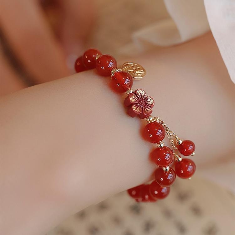 Prayer Red Agate Cinnabar Flower Bracelet for Women, Light Luxury Niche Exquisite Fortune Charm Bracelet, Gift for Girlfriend or Best Friend