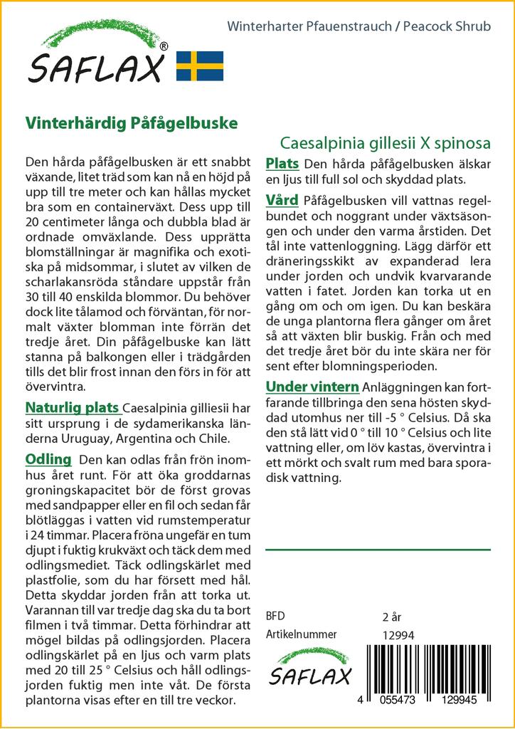 SAFLAX Подарочный набор - Куст павлина - 10 семян - С подарочной коробкой, карточкой, этикеткой и субстратом для горшков - Caesalpinia gillesii