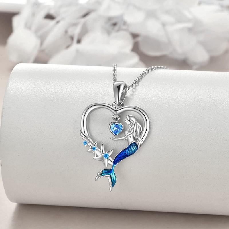 Luxury Female Crystal Blue Zircon Stone Heart Mermaid Pendant Necklace Vintage Silver Wedding Jewelry For Women
