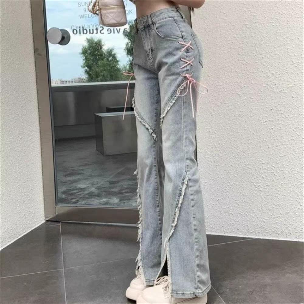 Women's 2024 Split Flare Jeans with Strap Design - American Style, Spring & Fall Casuals