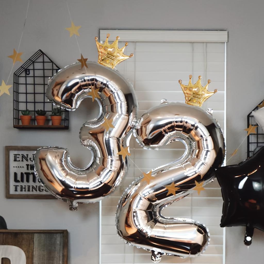 Набор из 2 серебряных воздушных шаров с цифрами от 0 до 9 и золотых воздушных шаров в виде короны, подходит для празднования дней рождения, юбилеев и вечеринок