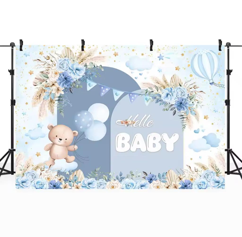 Bohemian Baby Shower Backdrop Bear Blue Flower Pampas Grass Hello Baby Boys Welcome Party Decor Background Props Custom
