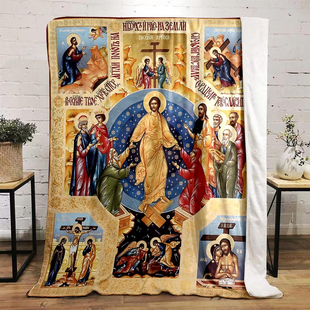 Icon of Jesus with Religious ScenesFlannel blanket for bedroom, living room, sofa, and nap