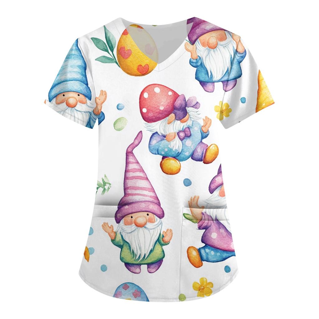 Женская модная рабочая одежда с V-образным вырезом и короткими рукавами, с карманами, с принтом в виде пасхального топа, одежда для ухода