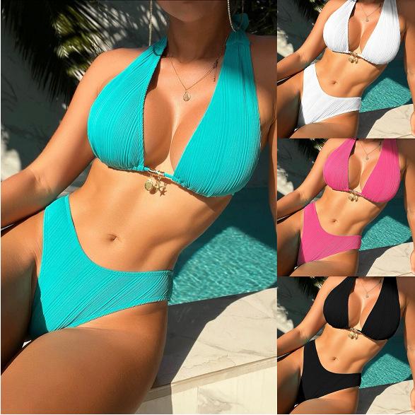 European & American Style 2024 Solid Color Halter Bikini - Hot-selling Swimsuit