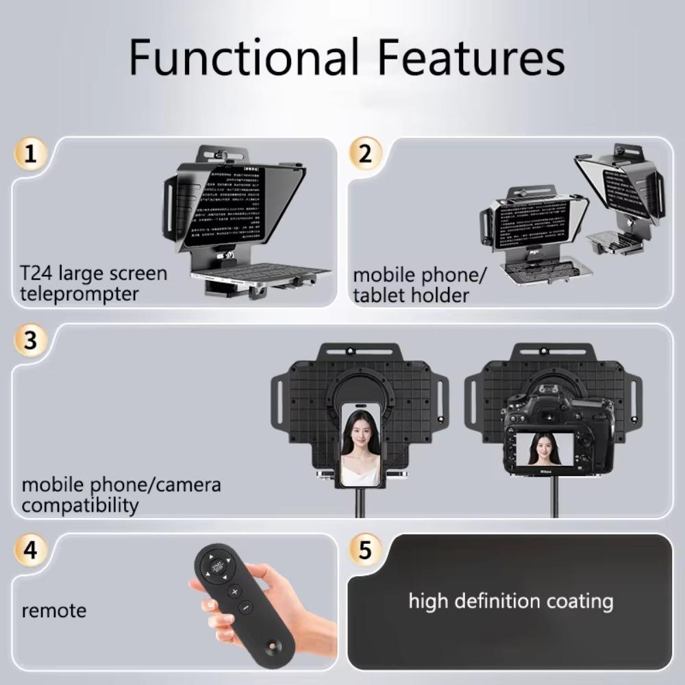 Portable T24 Teleprompter Wide Screen Dual Hot Shoe Mount For Phone Tablet Tripod Light Stand Live Streaming Video Shooting Recording Vlog Interview