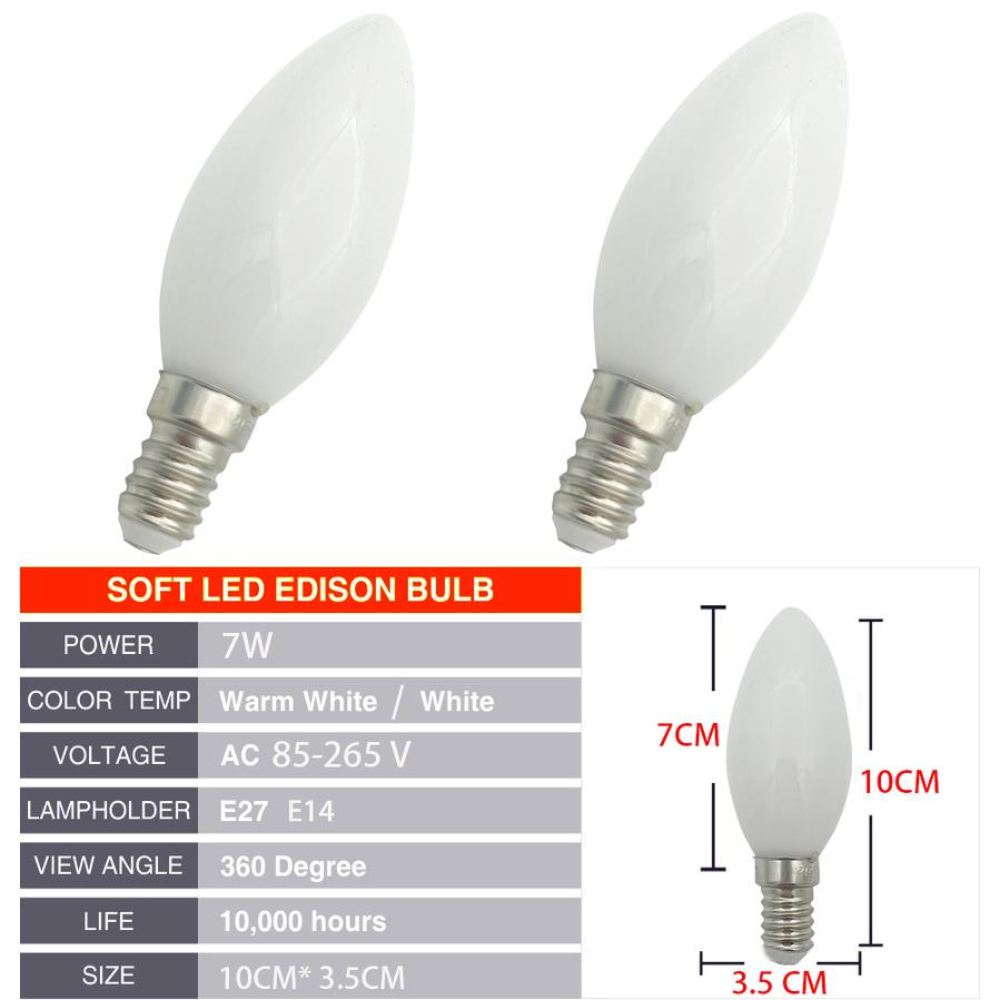 7W Retro LED Candle Filament Bulb C35 Frosted Light Bulb E12 E14 Dimmable Edison Screw Light Lamp Chandelier Warm White