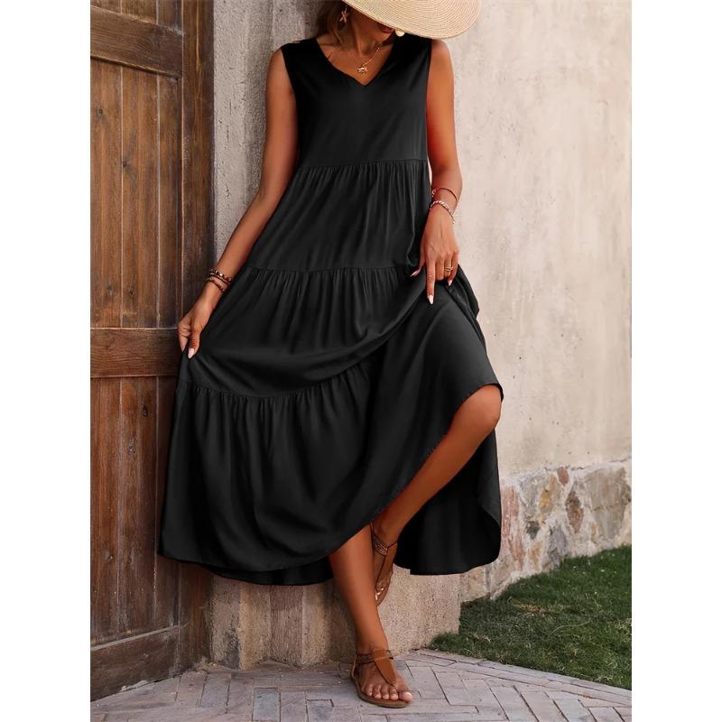 2025 Women Dress Summer Casual Vacation Holiday Beach Long Dresses V-neck Loose Elegant Yellow Black RUFFLES Dress Femme