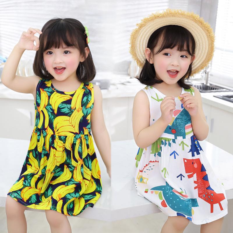Summer Girls Cotton Rayon A Line Princess Dress Cute Animal Print Viscose Short Sleeve Casual Sundress For Kids