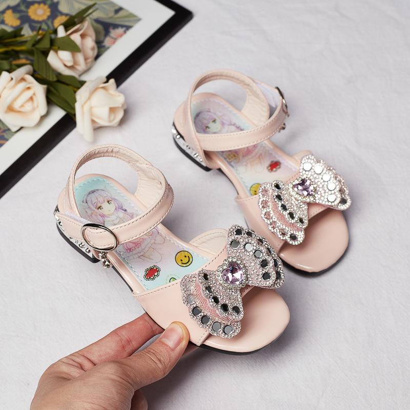 Детская обувь Принцесса Универсальная повседневная обувь Открытый носок Низкий каблук Стразы 2024 Новинка Мягкая застежка-липучка Детская Нескользящая Корейский ПУ