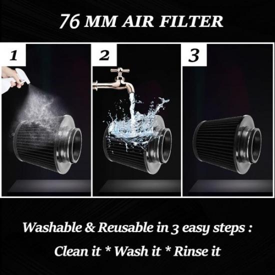 3-inch Cold Air Intake Filter 76mm, High Performance Clamp-On Engine Black