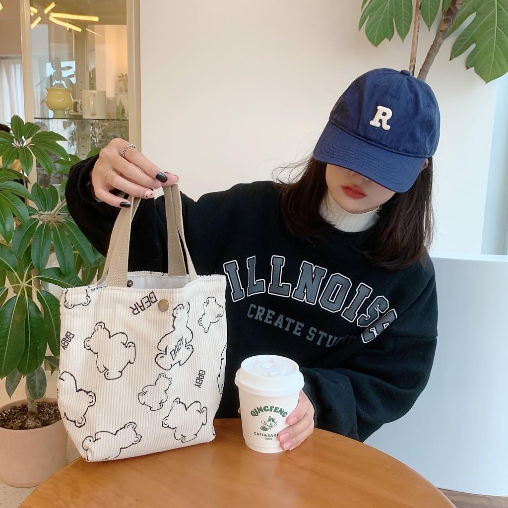 Винтажная вельветовая сумка-тоут для ланча с изображением медвежонка, портативная, большой вместимости, сумка для хранения