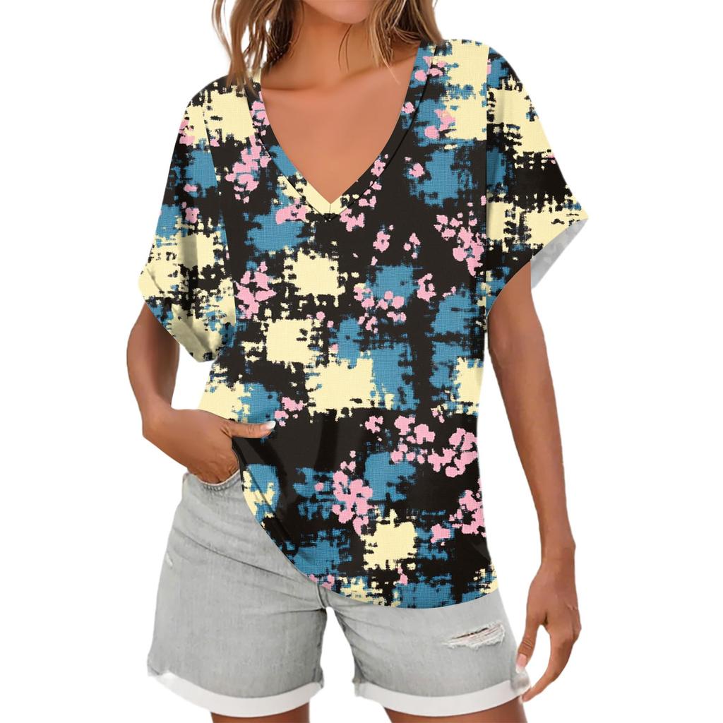 Womens Short Sleeve V-Neck Shirts Floral Print Loose Casual Basic Tees Summer Tops