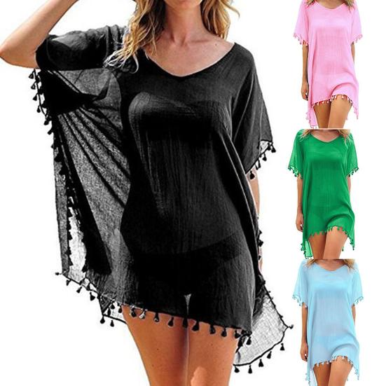 Swimsuit Cover Up Solid Color Loose See-through Tassel Bikini Dress