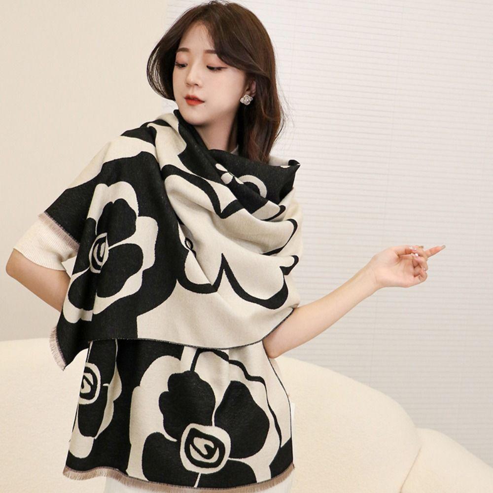 Black White Printed Scarf Camellia Large Wool Shawl Elegant Winter Cashmere Scarves Girl
