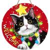 Welcome Tuxedo Cat Front Door Sign, Red Pet Snow Wood Door Hanger Outdoor Outside Porch Decor, Funny Winter Holiday Wooden Wreath Indoor Wall Hanging