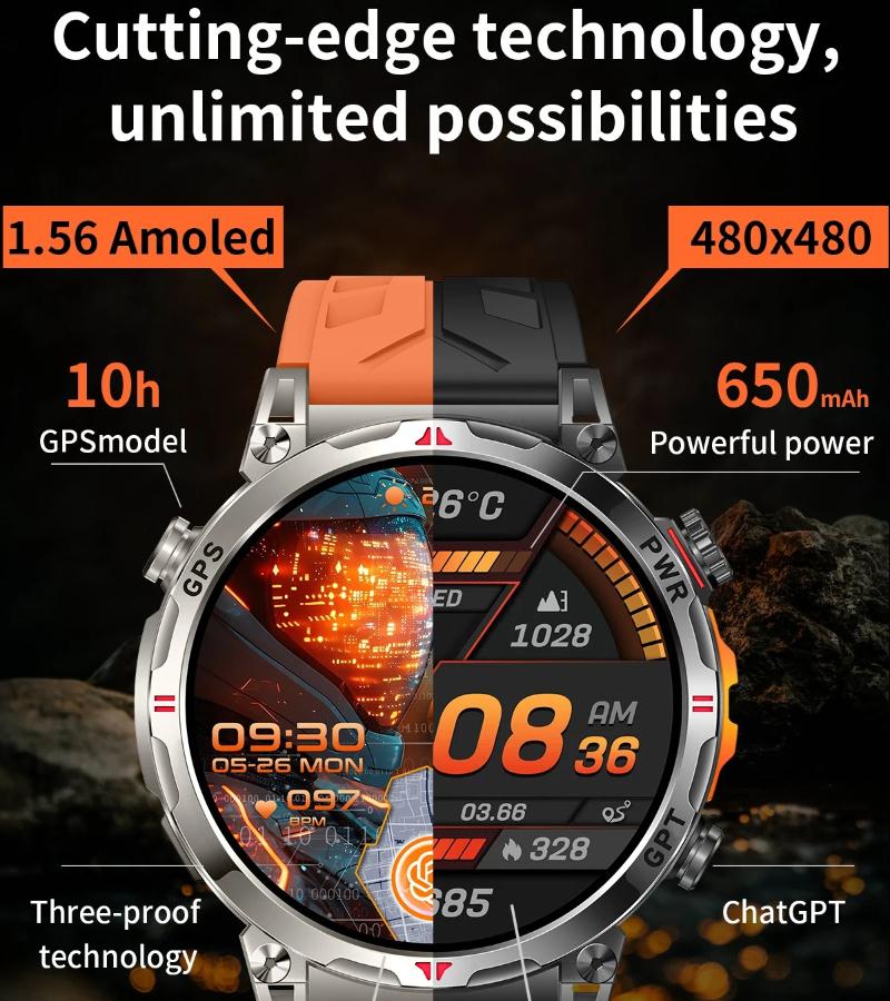 2026 New Outdoor GPS Smart Watch AMOLED HD Screen 650mAh Compass Bluetooth Talk Health Monitor Smart Watch Men 10ATM Waterproof Sports Smartwatches
