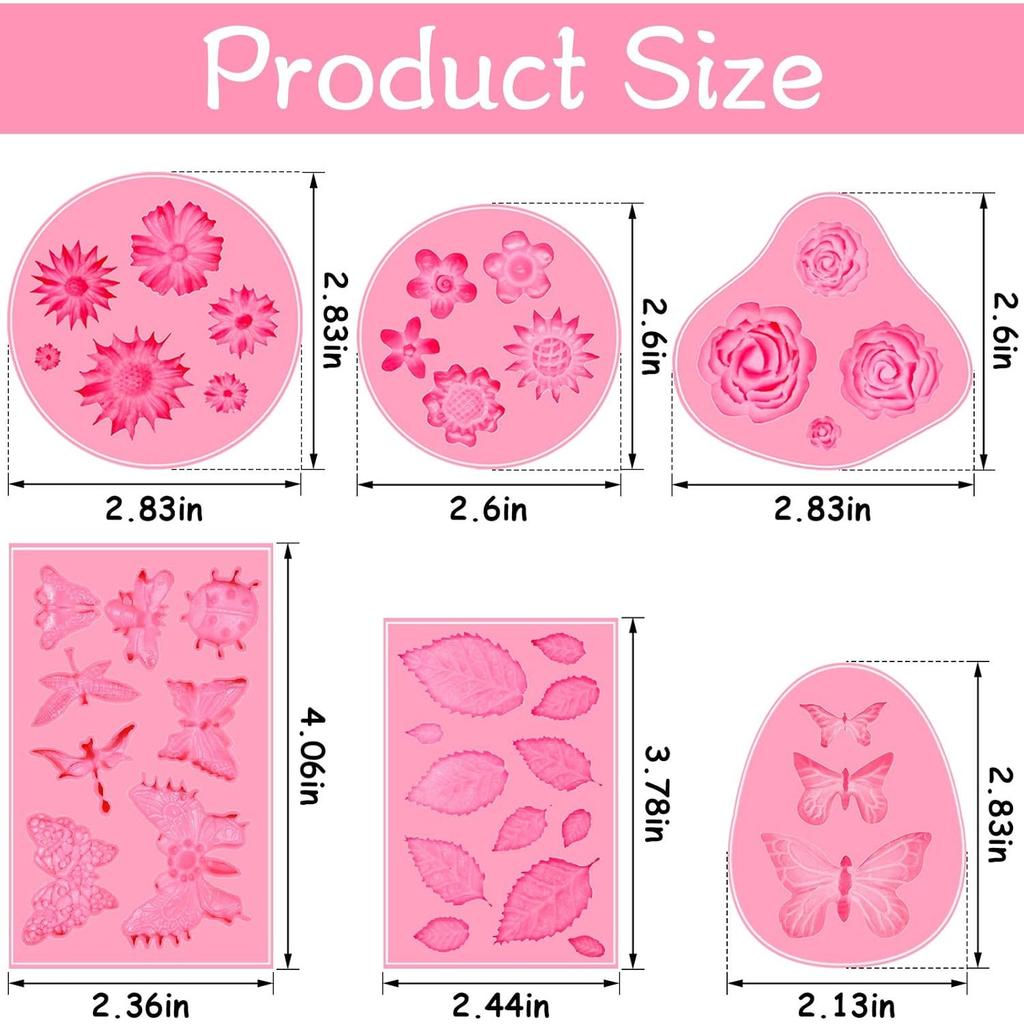 6-Piece Cake Molds Set, Flower/Butterfly/Leaf Shapes, Food-Grade Silicone, Pink Baking Tools