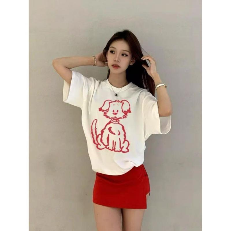 Женская футболка с короткими рукавами и принтом в виде мультяшного щенка в стиле ретро, свободный повседневный топ для пары на лето