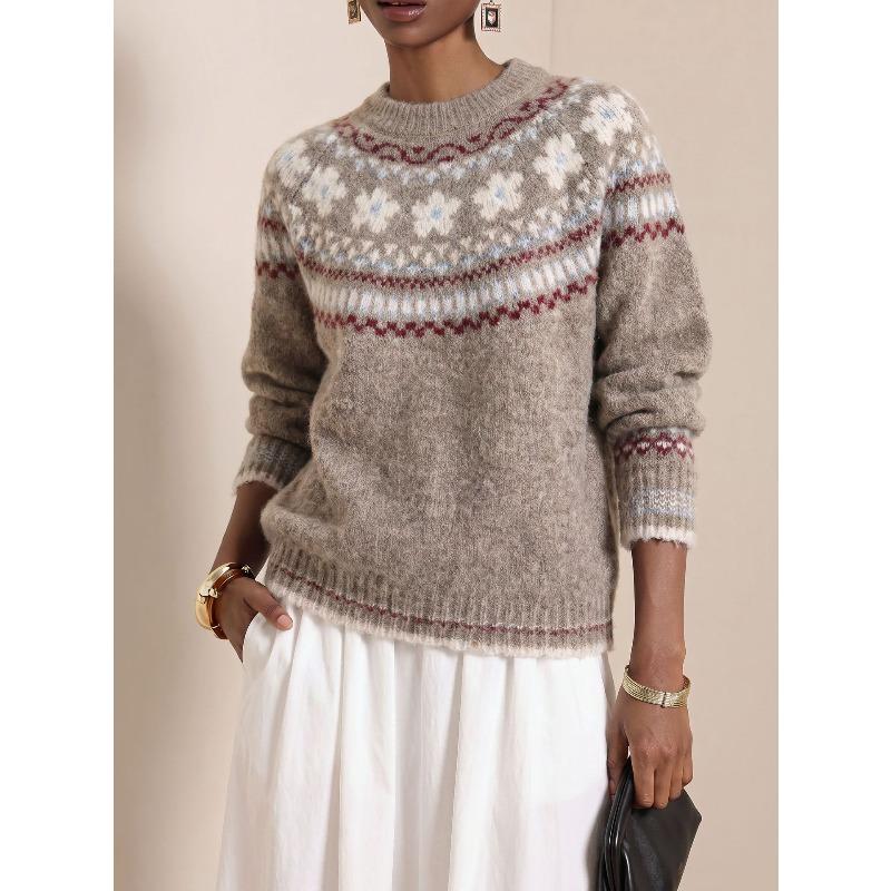 TIFICY Женская мода повседневная осень-зима цветочный узор с длинным рукавом и круглым вырезом свитера