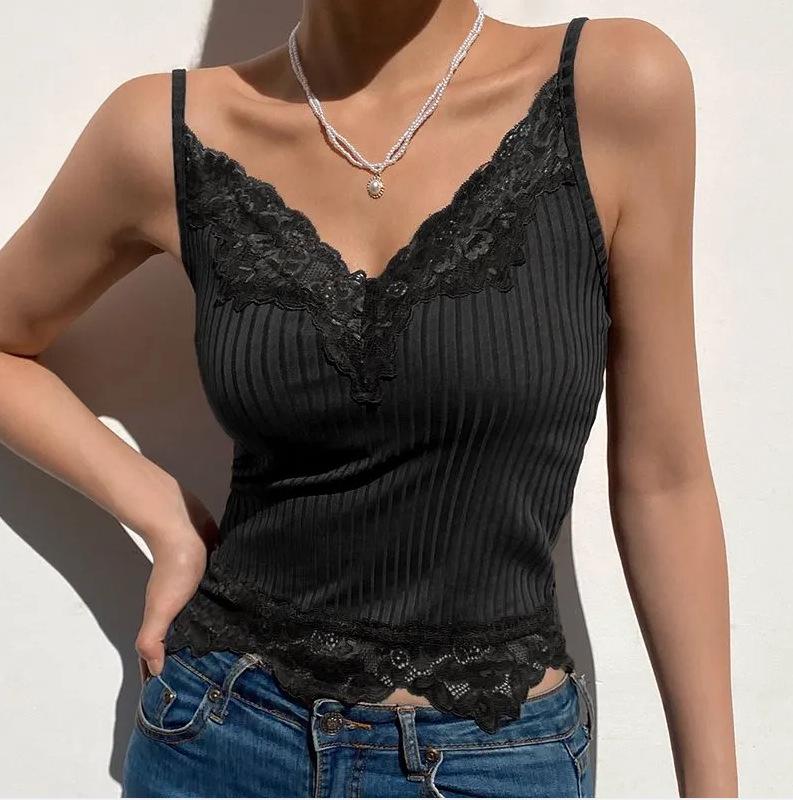 Lace Stitching Deep V Sling Sexy Slim Navel-Baring Tank for Women - Summer 2021 European & American Style