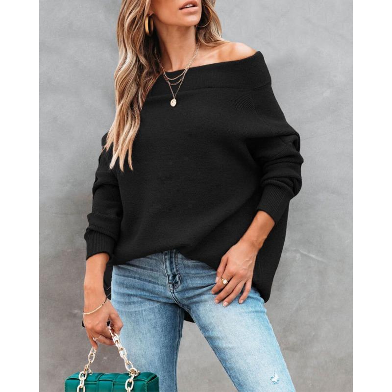 Женский осенне-зимний однотонный свободный свитер с высоким воротом на одно плечо