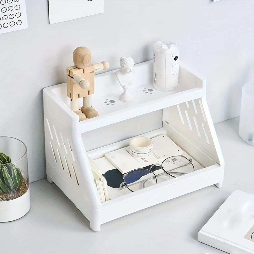 Белый двухъярусный настольный органайзер для хранения вещей, полка-витрина с вырезом в виде кошачьей лапки, для домашнего офиса и комнаты в общежитии, 2 уровня