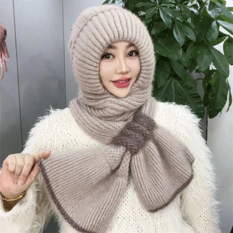 Scarf One-piece Hat Women's Winter Velvet Anti-wind and Cold Scarf One-piece Knitted Wool Hat Outdoor Middle-aged Hat