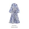Kaslead New Women Clothes Western Style Fashion Simple Loose Waist Hugging Lapel Lantern Sleeve Long Dress
