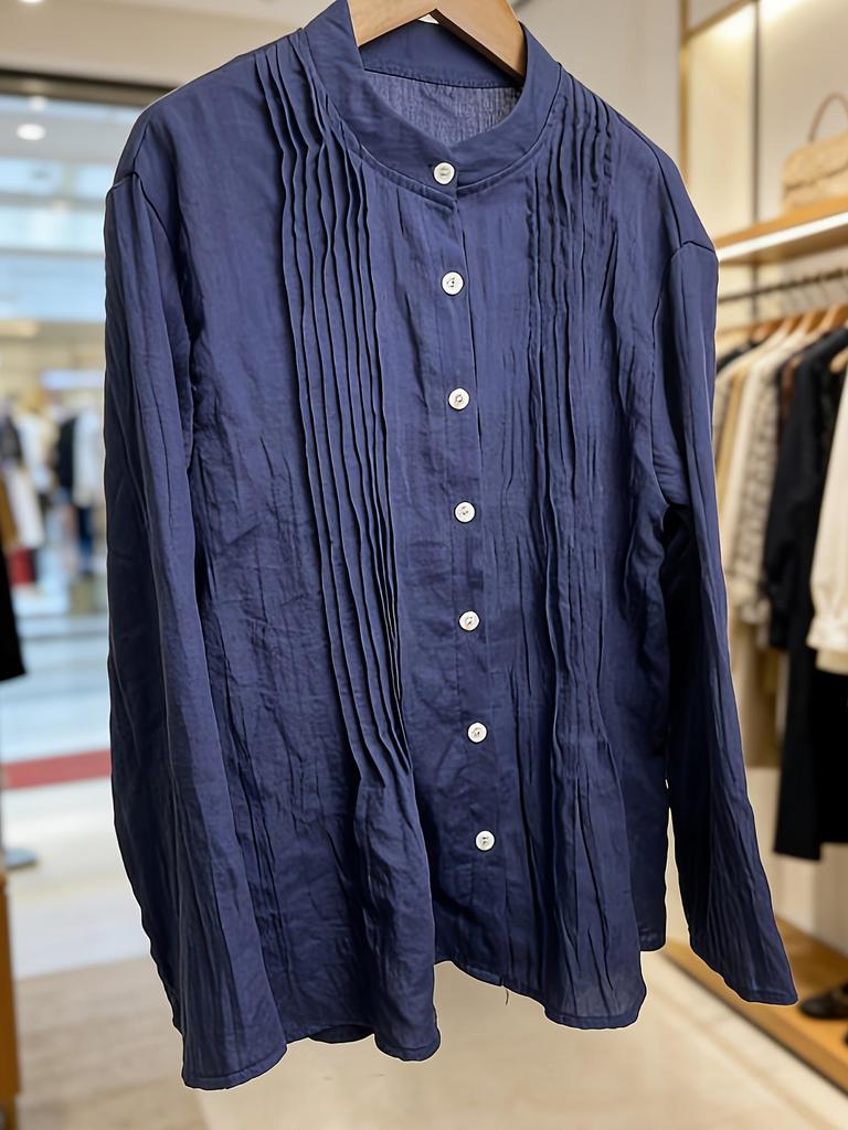 Женская белая ретро хлопково-льняная плиссированная рубашка с длинным рукавом