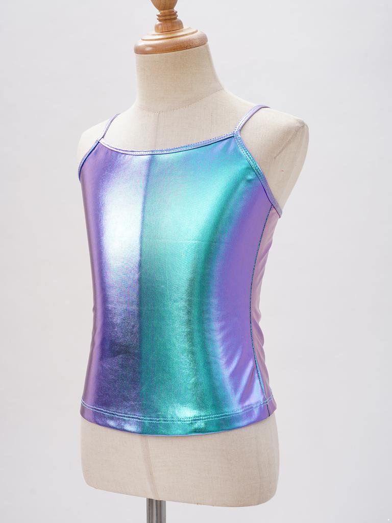 Блестящий топ-майка металлического цвета на тонких бретельках для девочек для танцевальных соревнований, выступлений на сцене