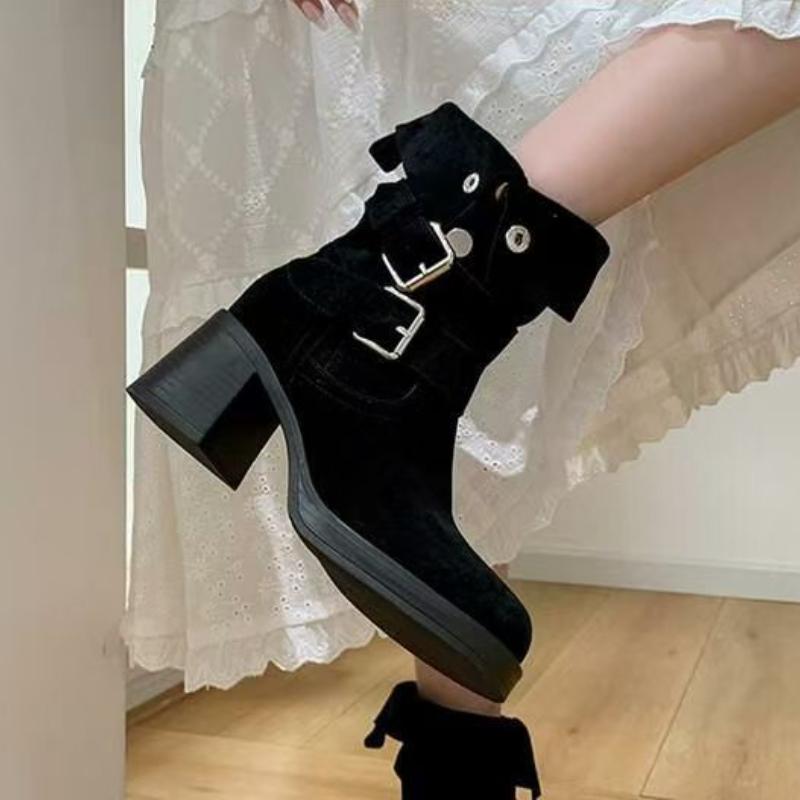 Fashion Fashion Belt Buckle Vintage Mid-calf Boots Women 2024 Autumn Chunky Heels Western Cowboy Boots Woman PU Leather Knight Booties
