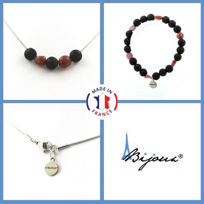 Jewelry Set - A Bijoux - Bracelet and Necklace - 8 Mm Lava Beads - Brazilian Ruby - Stainless Steel