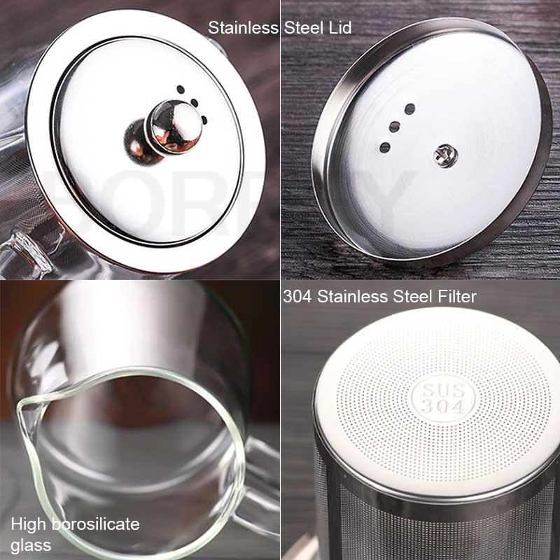 BORREY Чайник для заварки чая Термостойкий стеклянный чайник с фильтром Цветочный чайник Улун Пуэр Чайник Стеклянный кофейный чайник 1300 мл