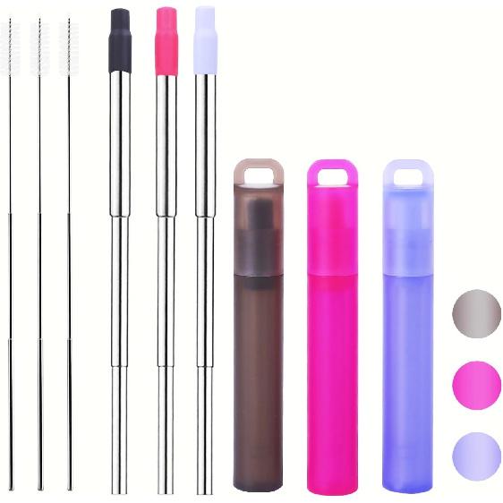 NAIVELY-Reble Metal Straws 3 Pack Collapsible Stainless Steel Straw,travel straw with case and Cleaning Brush,Retractable Portable Pocket