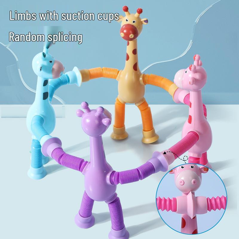 Suction Cup Giraffe Light-Up Extendable Tube Educational Cartoon Toy for Kids