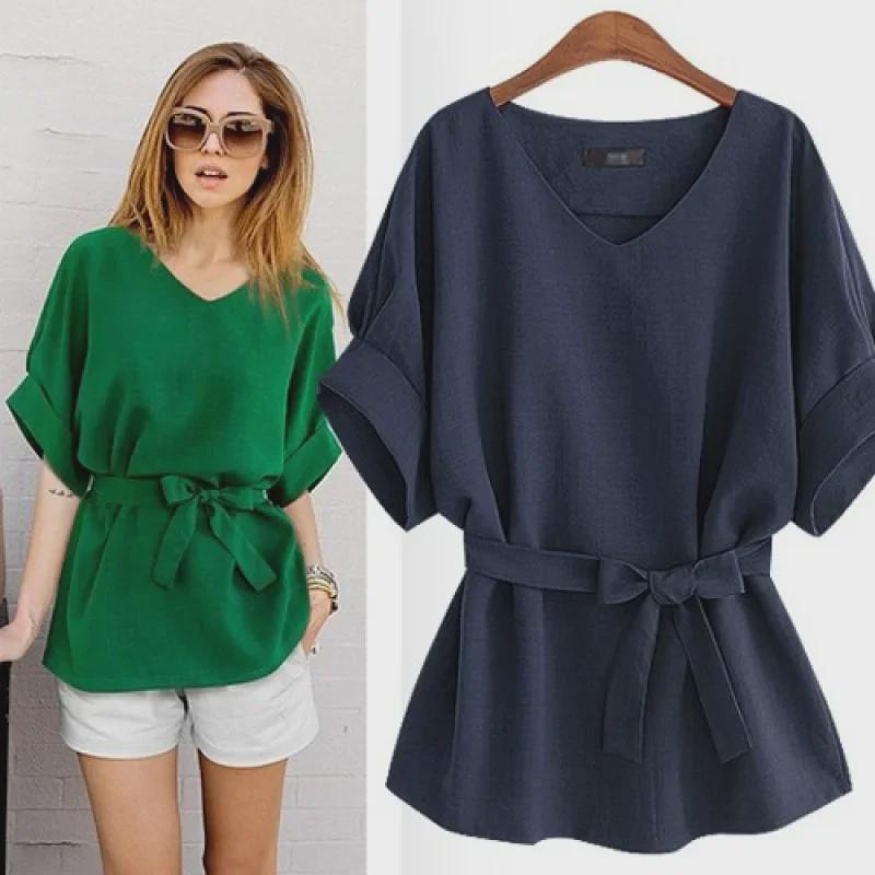 Summer V-Neck Cotton & Linen Bat Sleeve Shirt - Loose Fit, Plus Size Trend