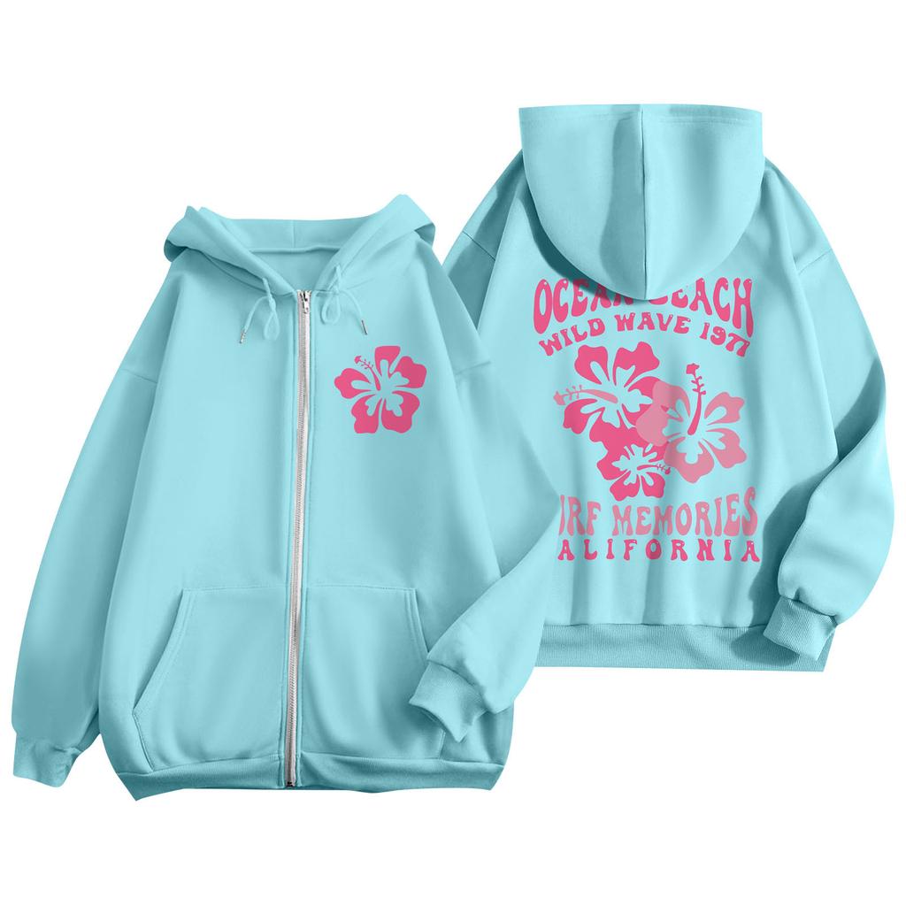 Women's Zip Up Hoodies Teen Girls  Flowers Printed Sweatshirt Clothing Casual Drawstring Jacket With Pockets
