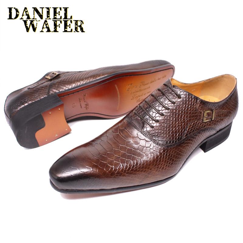 Модная Роскошная Мужская Кожаная Обувь с Принтом Змеиной Кожи, Деловая, Платьевая, Формальная, Классический Стиль, Бургунди, Синяя, Заостренный Носок, На Шнуровке, Оксфорды, Мужская