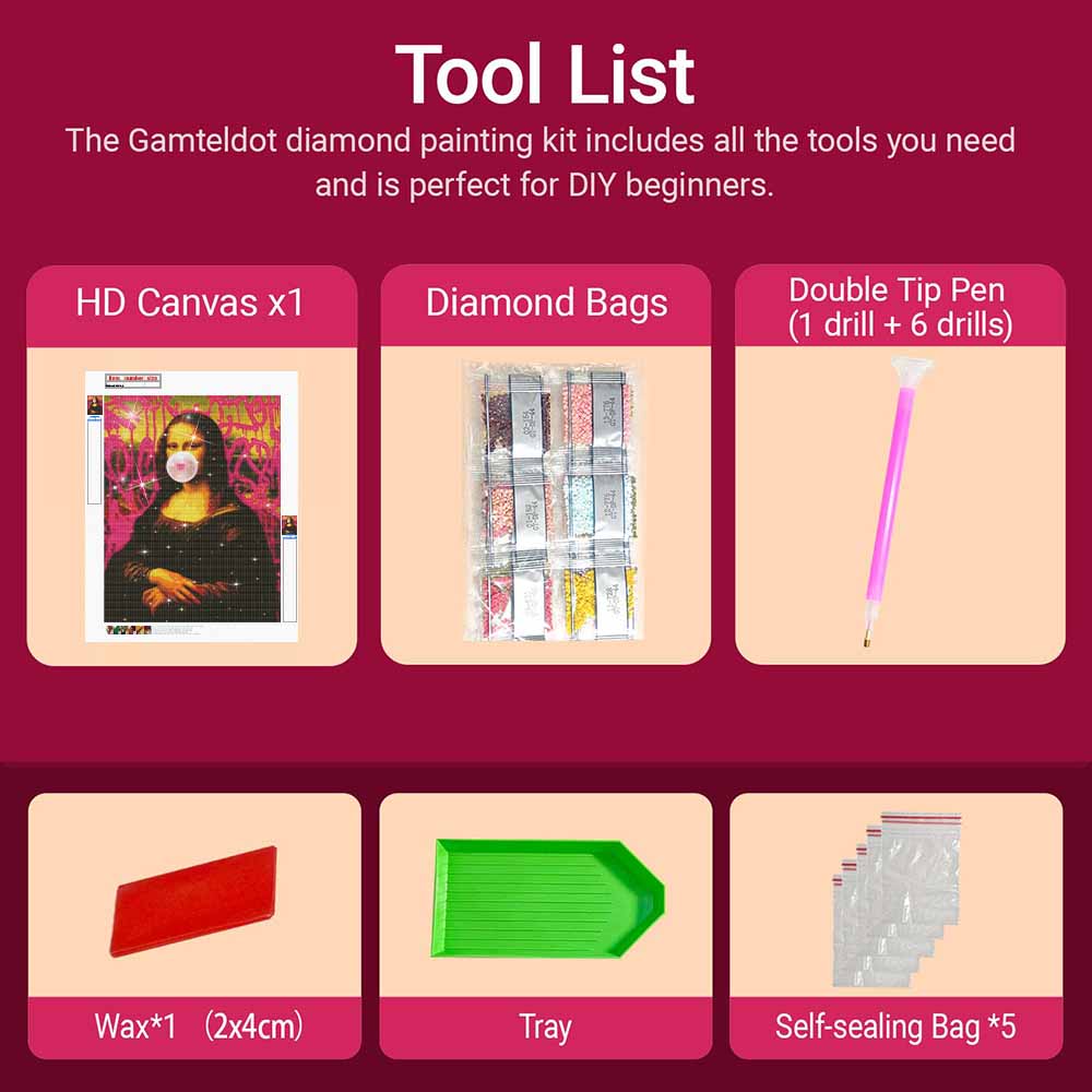 5D Diamond Painting Kit. Mona Lisa Blowing Bubble Gum Art. DIY Diamond Mosaic Craft. Handmade Home Decoration for Living Room and Bedroom