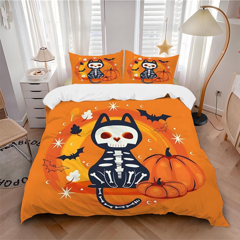 3pcs Cat Skull Halloween Elements Printed Quilt Set - Includes 1 Quilt Cover and 2 Pillowcases, Machine Washable - Suitable for All Seasons.H020