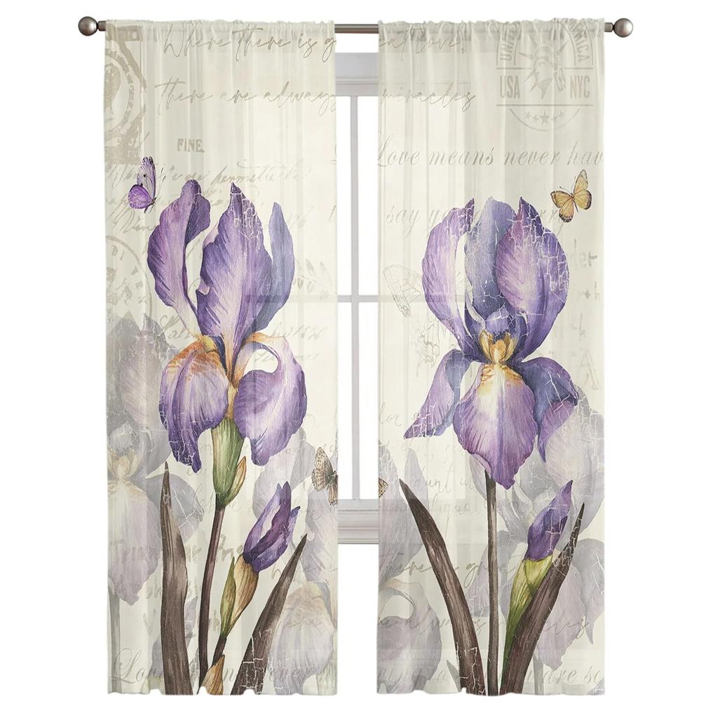 Vintage Iris Butterfly Rustic Sheer Curtains For Living Room Bedroom Tulle Curtain For Kitchen Voile Curtain Blind Panels