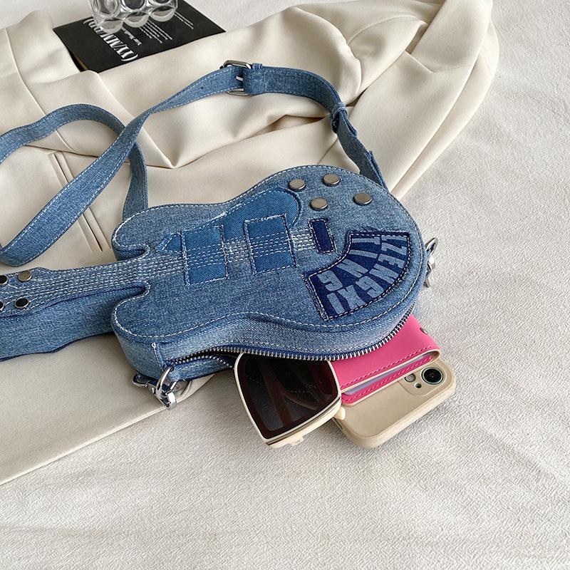 Export Arrival Denim Guitar Bag, Indie Rock Grunge Shoulder Bag, Niche Fashion Statement, Instagram-Ready Unisex Purse