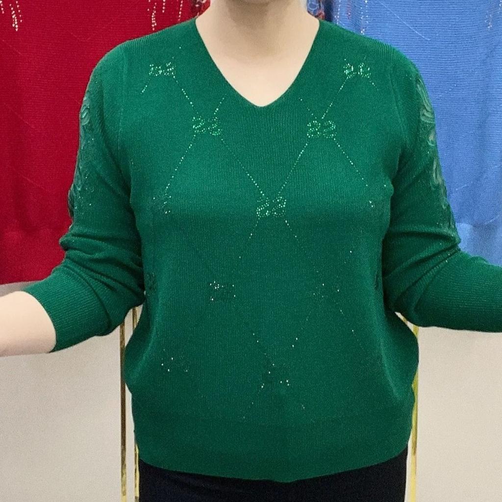 Весенне-осенний женский свитер с V-образным вырезом, свободного кроя, со стразами, ажурный вязаный пуловер