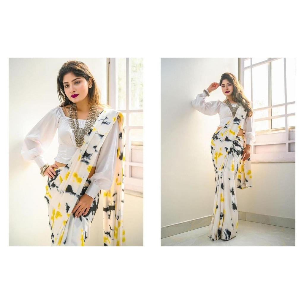 Шелковое сари с цифровой печатью, блузка (Необходимо сшить по размеру и посадке) (5 ЦВЕТ)