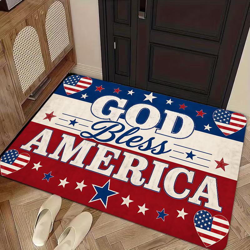 1pc, 2D Flat Printing, American Vintage "GOD BLESS AMERICA" Entrance Door Mat, Non-Slip Machine Washable Easy-to-Clean Polyester Mat, Suitable for Hom