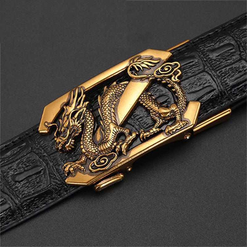 Men's Leather Belt with Automatic Buckle, Genuine Leather, Bronze Buckle, Faucet for Middle-aged and Young Business Casual Pants