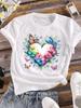 (Asian Size) Love Heart Trend Women Tee Top Clothing Casual Flower Short Sleeve T Shirt Fashion Print Lady Female Graphic T-shirts
